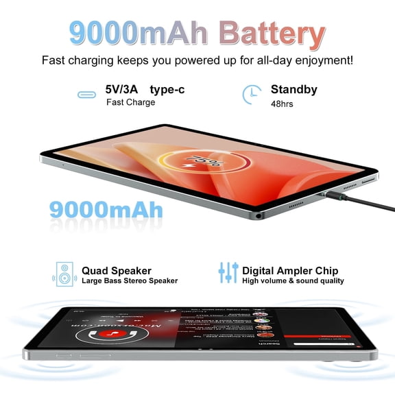 2025 Latest 11 inch Tablet Android 14 Tablet 18GB RAM 128GB ROM, 2K Display, 5+13+5MP Camera, 5G WiFi,T616 CPU,4 Speakers,9000 mAh,with case, Pen, Keyboard