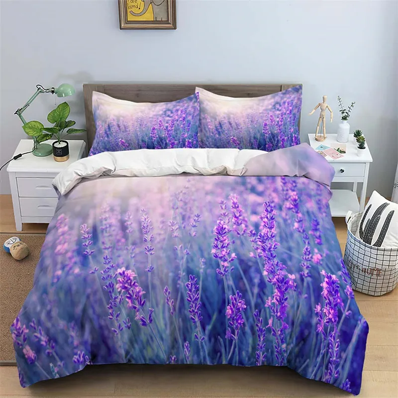 2024 Lavender Duvet Cover Microfiber Purple Flower Bedding Set Romantic