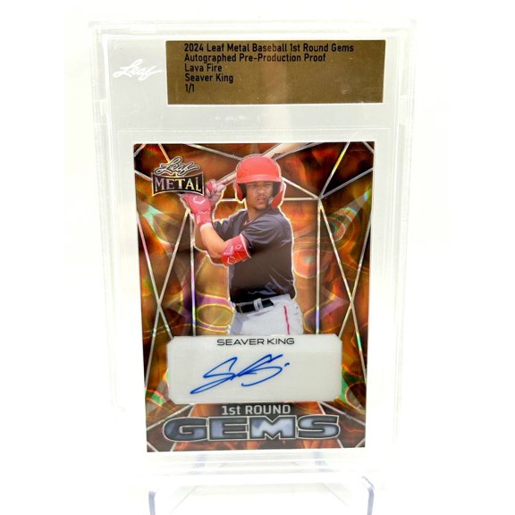 2024 Leaf Metal 1st Round Gems Lava Fire Seaver King 1/1 Auto Pre-Production Proof Baseball Card Autographed Baseball Trading Card