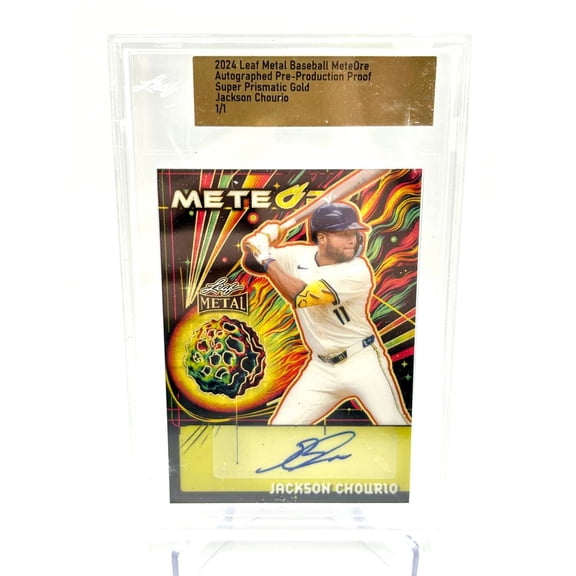 2024 Leaf Metal Baseball MeteOre Super Prismatic Gold 1/1 Pre-Production Proof Auto Jackson Chourio Autographed Baseball Trading Card