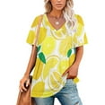 thumbnail image 1 of 2024 Lemon Harvest Ruffle Short Sleeve T-Shirt V Neck Shirts Pattern Cute Tops Casual Tee Pattern Fruit Floral Flowers Fresh Nature, 1 of 5