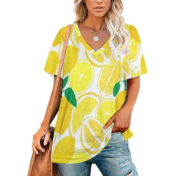 2024 Lemon Harvest Ruffle Short Sleeve T-Shirt V Neck Shirts Pattern Cute Tops Casual Tee Pattern Fruit Floral Flowers Fresh Nature