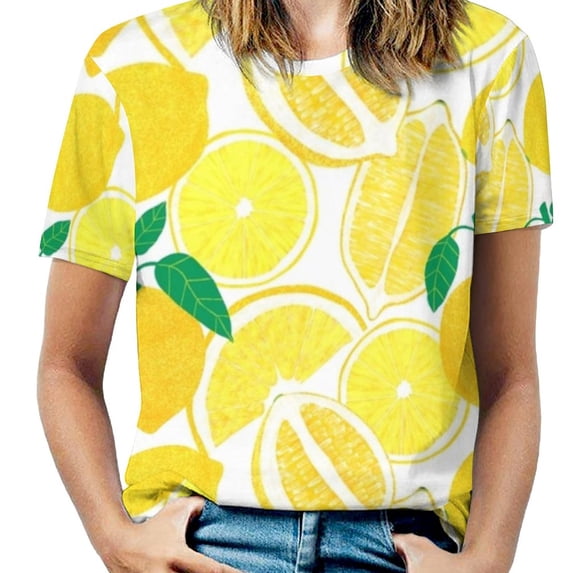 2024 Lemon Harvest Ruffle Short Sleeve T-Shirt V Neck Shirts Pattern Cute Tops Casual Tee Pattern Fruit Floral Flowers Fresh Nature