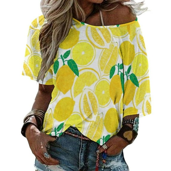 2024 Lemon Harvest Ruffle Short Sleeve T-Shirt V Neck Shirts Pattern Cute Tops Casual Tee Pattern Fruit Floral Flowers Fresh Nature