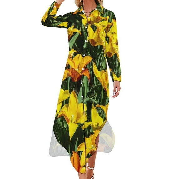 2024 Lily Floral Print Casual Dress Colorful Flower Streetwear Dresses Long Sleeve Cute Female V Neck Graphic Big Size Chiffon Dress