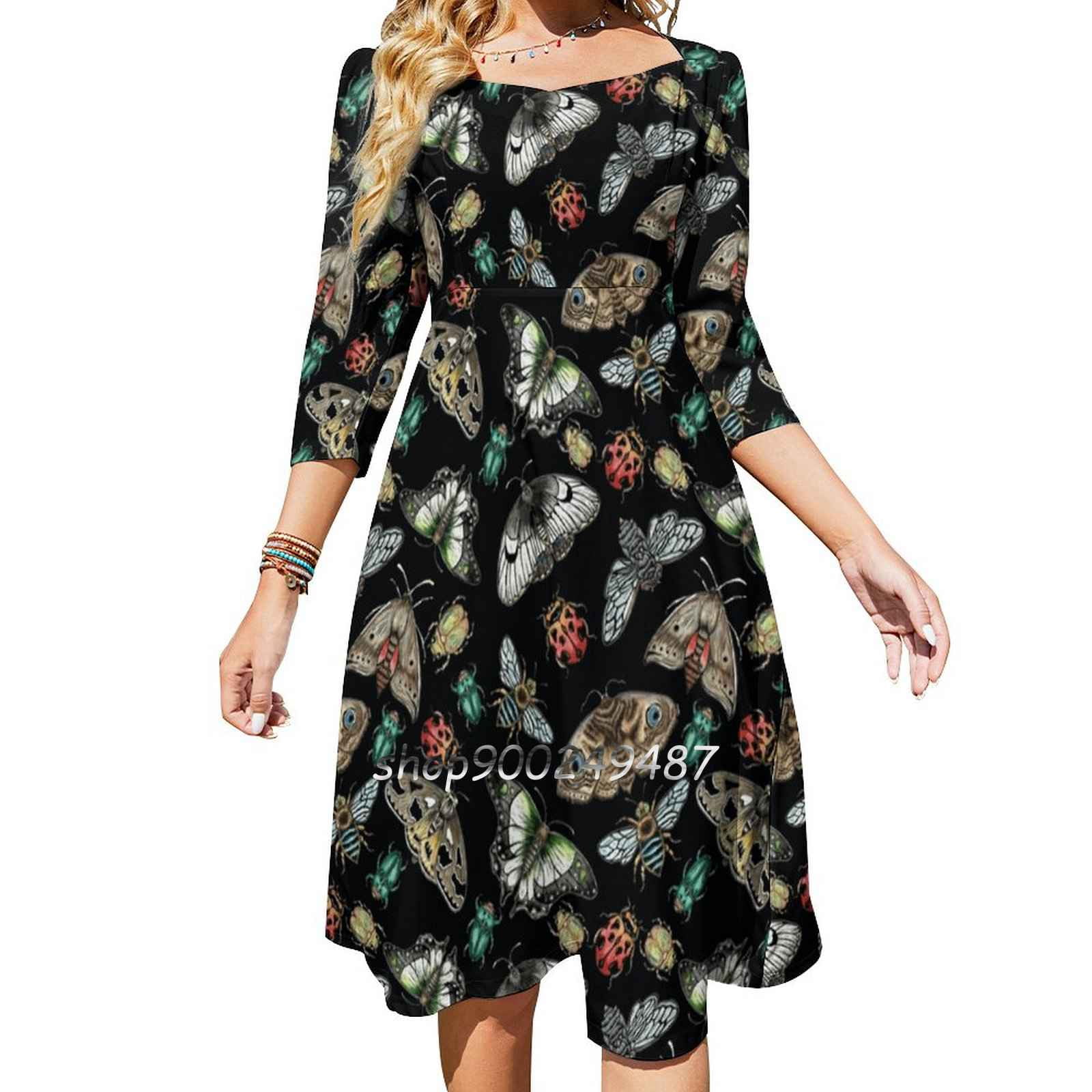 2024 Lino Print Bugs And Insects Square Neck Dress New Plus Size Elegant Women Waist Tight Dress Australian Native Moth Bug Insect Walmart