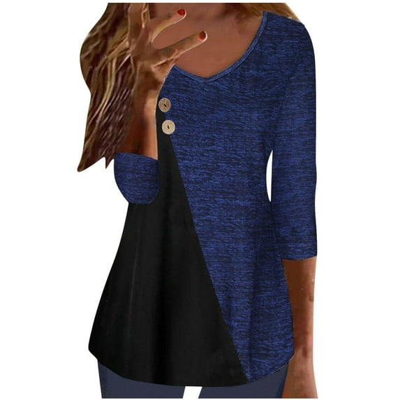 2025 Long Sleeve Shirts for Women Casual Fashion Color Block V Neck Button Decor Tunic Tops Polyester Tees (XX-Large, Blue)