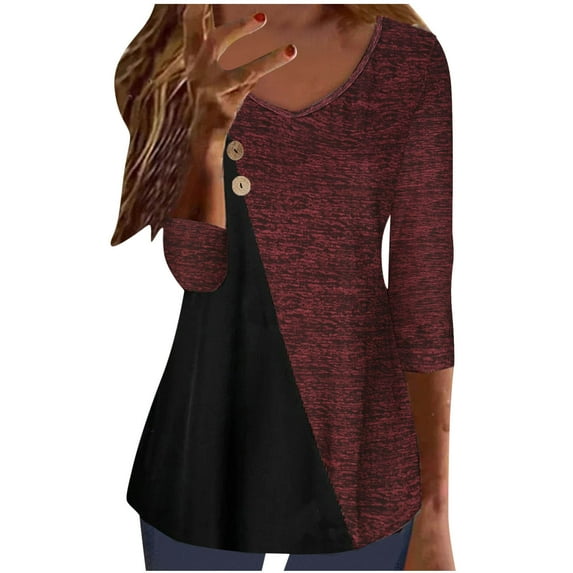 2025 Long Sleeve Shirts for Women Casual Fashion Color Block V Neck Button Decor Tunic Tops Polyester Tees (XX-Large, Red)