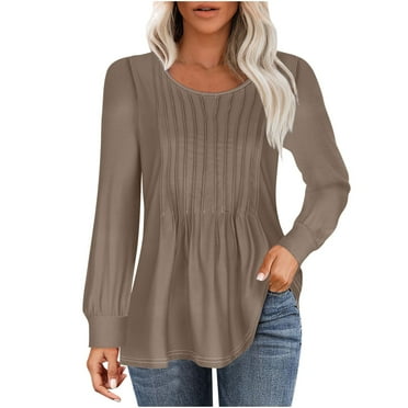 2024 Long Sleeve Tops for Women Casual Fall Winter T Shirts Pleated Front Round Neck Basic Tees Plain Tshirts (XL, Beige)