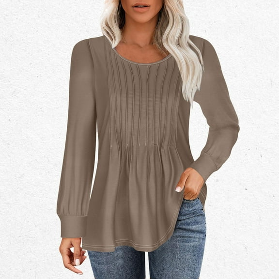 2025 Long Sleeve Tops for Women Casual Fall Winter T Shirts Pleated Front Round Neck Basic Tees Solid Color (XL, Beige)