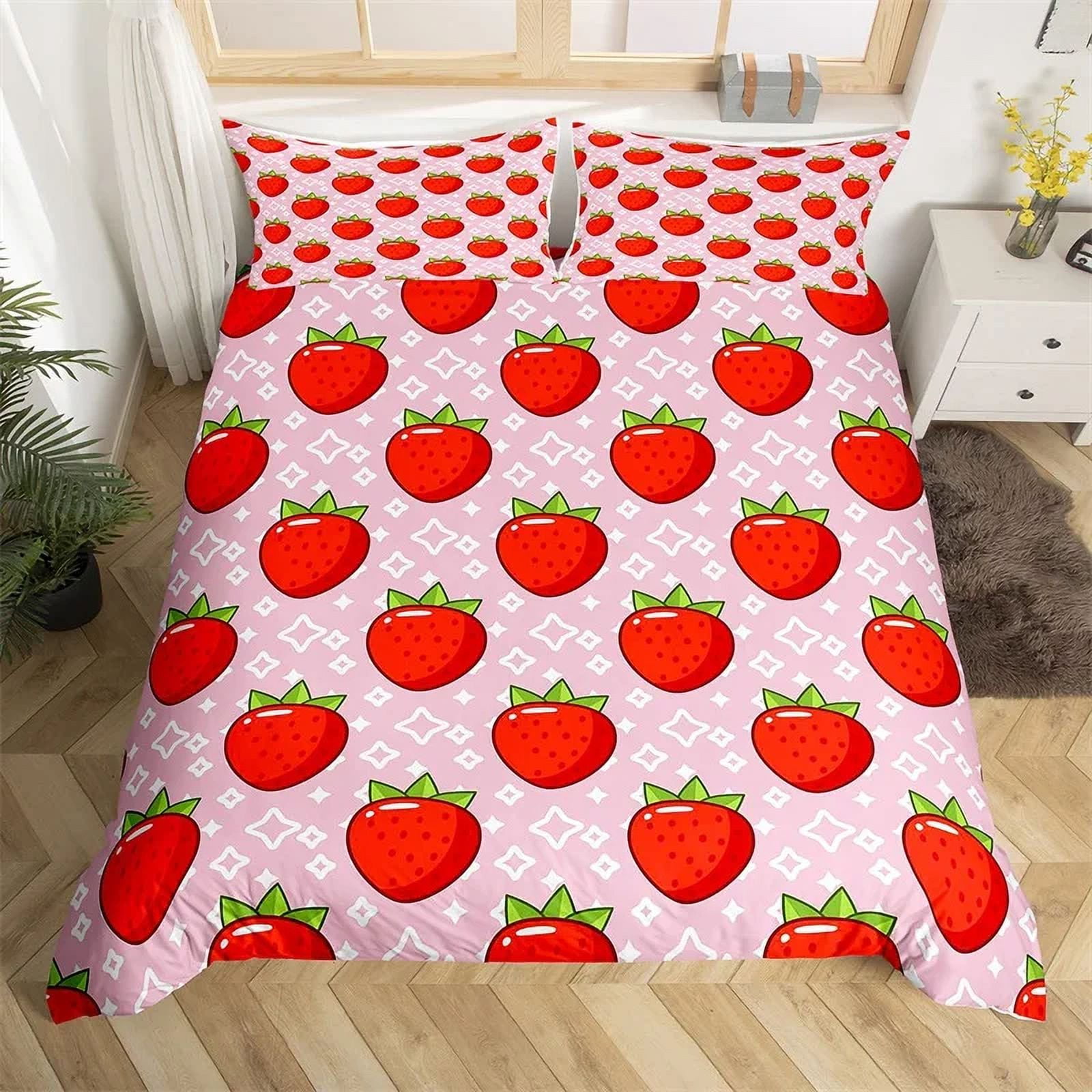 2024 Lovely Cartoon Strawberry Bedding Set King For Girl Teen Red Rose