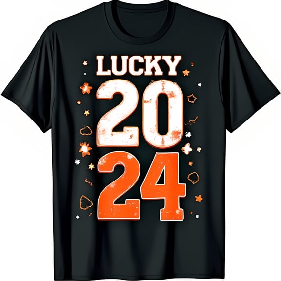 2024 Lucky Black T-Shirt with Numbers & Whimsical Stars