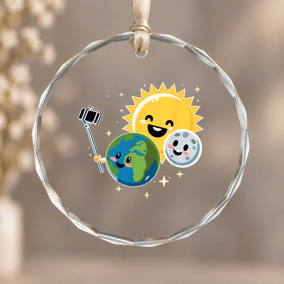 2024 Lunar Solar Eclipse Earth Moon Sun Selfie Christmas Ornament, Holiday Keepsake Gift, Circle Glass Ornament