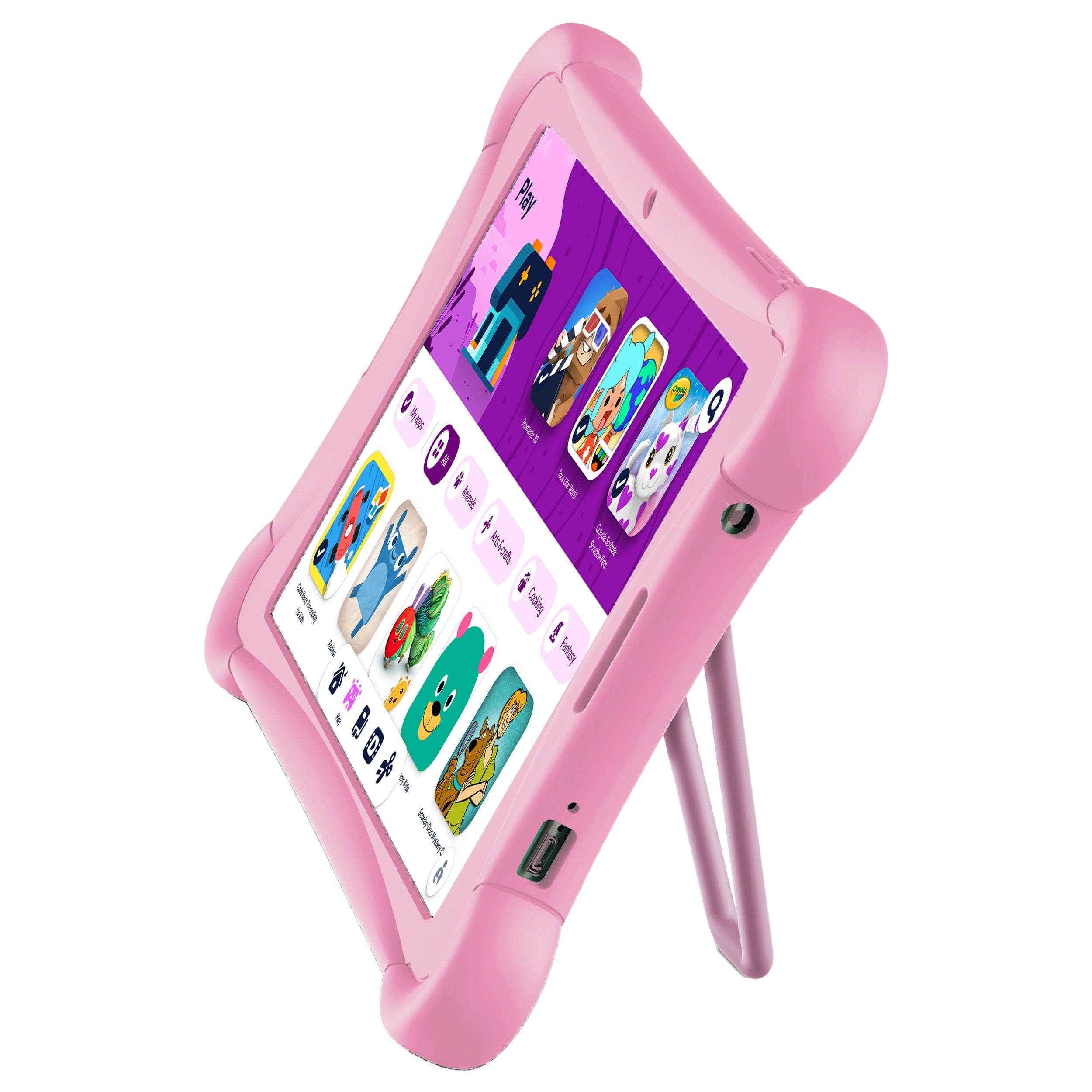 2024 ME Google Kids Space 10" Tablet Android, 64GB, Silicone Bumper Case Kickstand, Pink