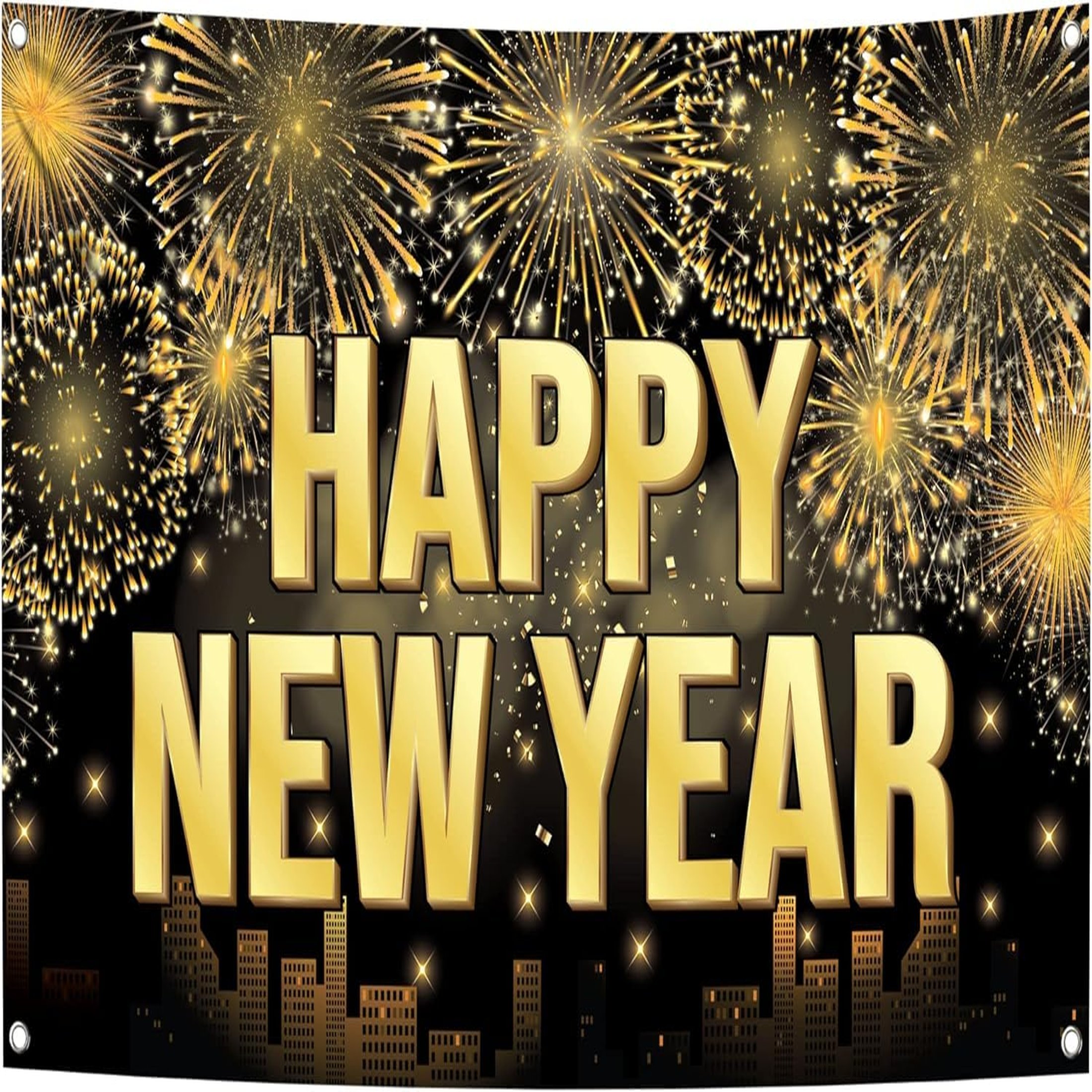 Happy New Year Backdrop Banner - Large 78" X 43" Black & Gold Party Decor With Grommets For Indoor/Outdoor