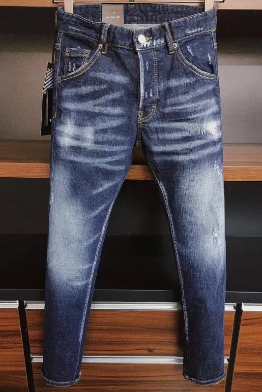 2024 Men's Ripped Jeans Luxury Brand Light Blue Holes Long Jeans
