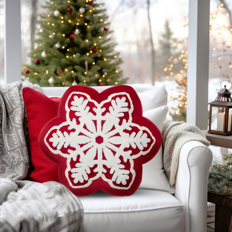 2024 Merry Christmas Snowflake Shaped Throw Pillow Velvet Xmas Embroidered Snowflake Pillow Decorative Christmas Cushion Pillow For Couch Living Room