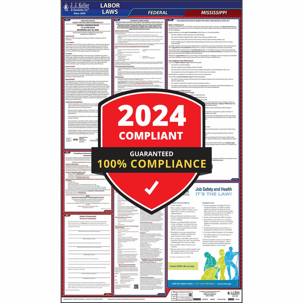 2024 Mississippi Labor Law Poster, All-in-One OSHA Compliant MS State & Federal Laminated Poster (24" x 40" English)2