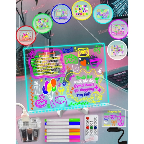 2025 7 Colors Change 15.75 X 11.81" Acrylic Note Board Led Light, DIY Erasable Message Drawing Board with Remote Control, Clear Plan Menu Memo Tablet with Dimmer for Office Home School