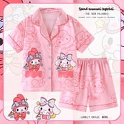 2024 My Melody Ice Silk Girls Pajamas Sanrio Kawaii Anime Kuromi Pompompurin Summer Thin Short Sleeve Set Home Wear Gift for Kid LJQ