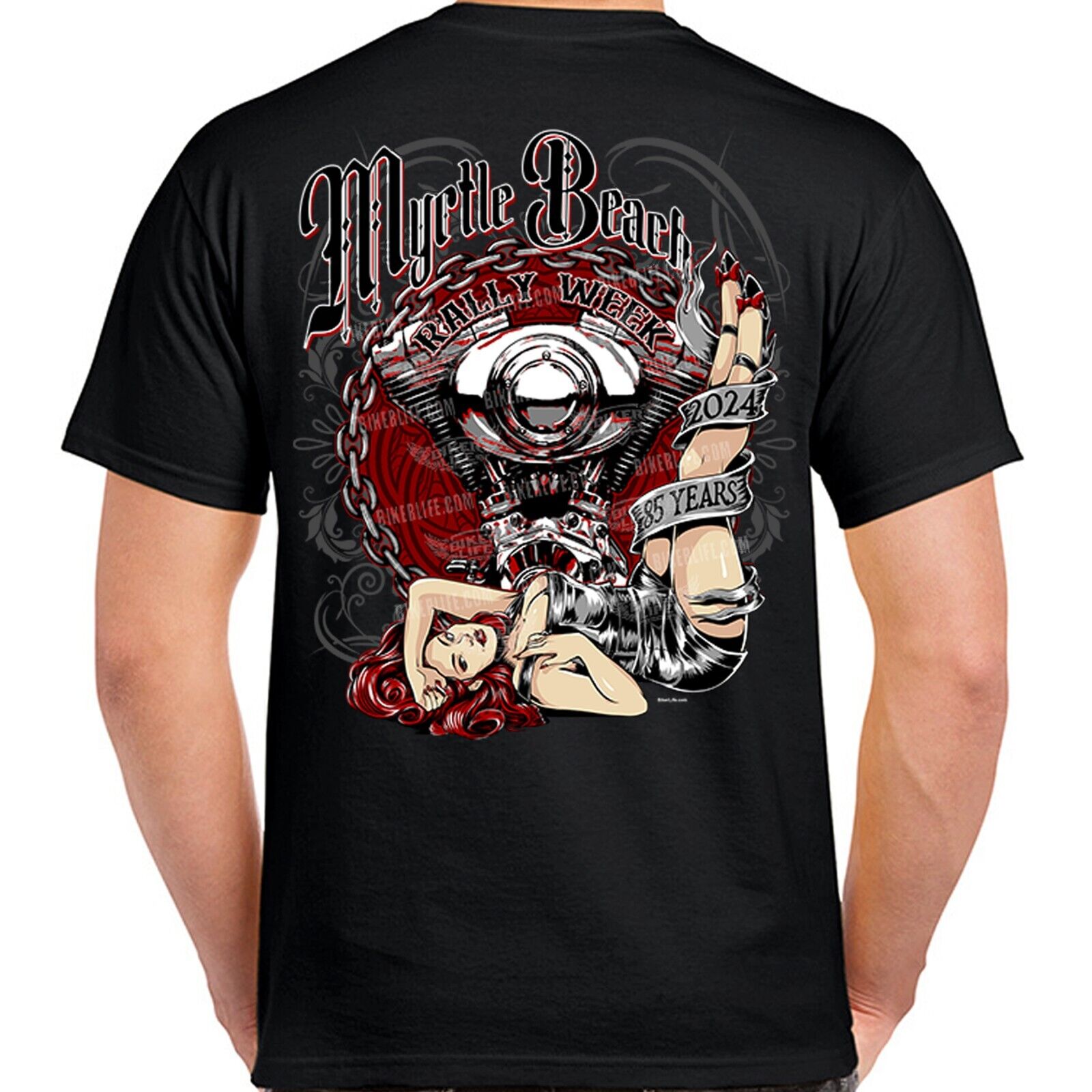 2024 Myrtle Beach Bike Rally Chained Engine Pinup Girl TShirt