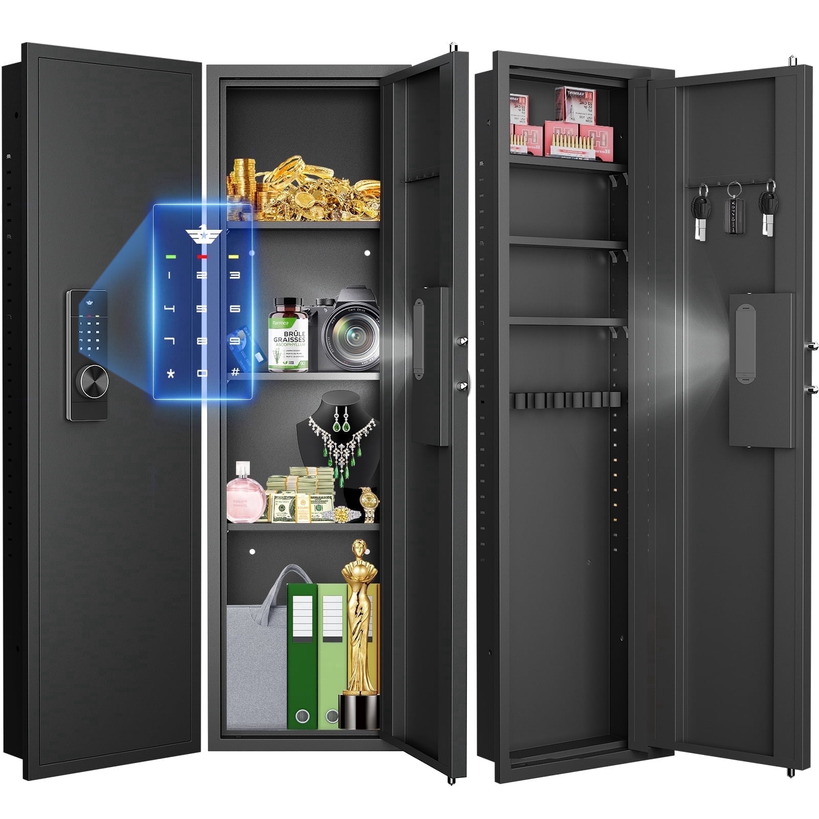 【2026 NEW】Wall Gun Safe, Digital Wall Safe Between the Studs with Dual Alarm ＆ Mute Mode, Hidden Wall Gun Safe for Pistols with Adjustable Shelves, Magnetic Gun Support & Key Hook