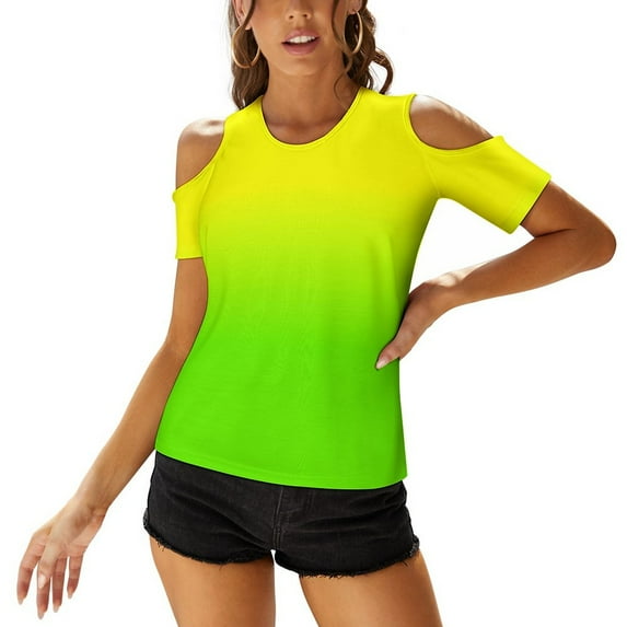 2024 Neon Yellow And Neon Yellow Green Ombré Shade Color Fade Women Zipper Sexy Printed Vintage T Shirts Tops Full Print T-Shirt