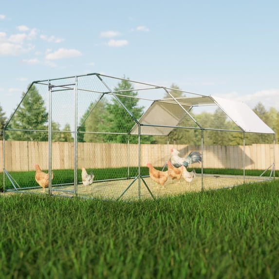 2024 New 10x20 Ft Large Walk in Chicken Coop Cage, Galvanized Metal Farm Poultry Run Hutch with Waterproof and Anti-UV Cover, Lockable Hen House for Backyard