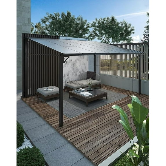2024 New 12' x 14' Lean to Gazebo, Hardtop Wall Pergola with Polycarbonate Roof, Aluminum Frame Mounted Gazebo for Lawn Patio Deck Yard and Party