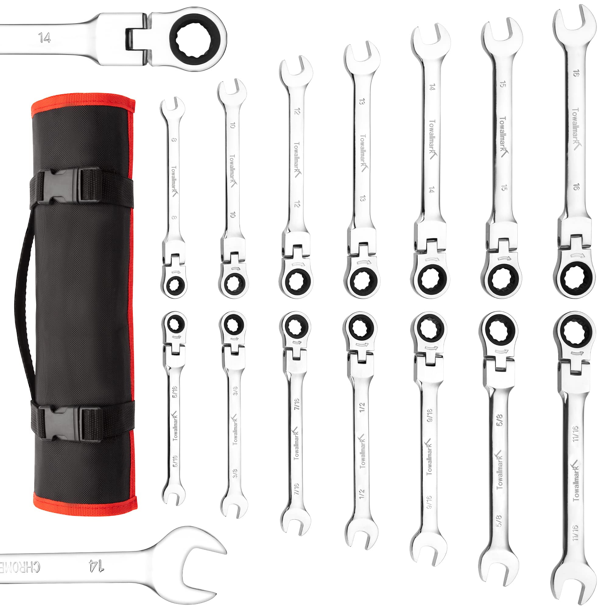 2024 New 14 Pieces Flex-Head Ratcheting Combination Set, SAE 5/16"-11/16""& Metric 8-16mm, 72-Teeth Wrench Set, Cr-VSteel Ratchet Wrenches Set with Storage Bag, Great DIY Gift
