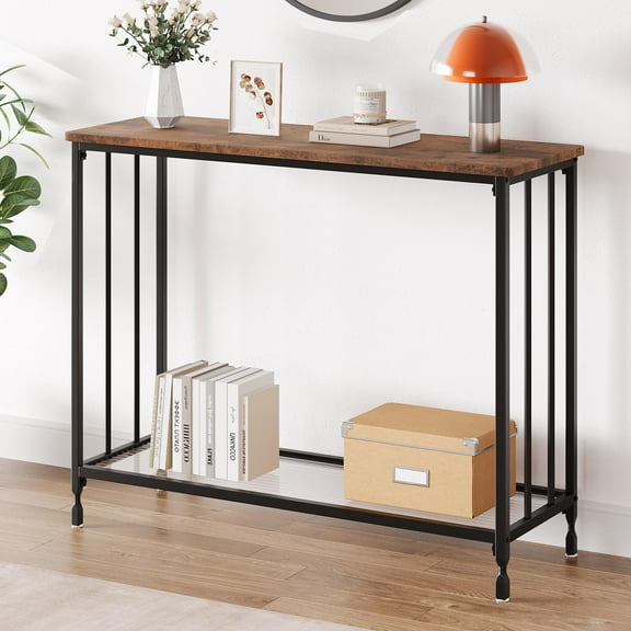 2024 New 2-Tier Entrance Table, Behind Sofa Table, Sturdy and Stable, with Metal Frame and Glass Shelf, Long Skinny Sofa Table Behind Sofa for Living Room Entryway Hallway Office Corridor Foyer