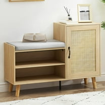 2024 New 2-in-1 Shoe Storage Bench, Natural Rattan Shoe Cabinet with 3 Adjustable Shelves and Removable Seat Cushion, Modern Entryway Bench, Shoe Storage Organizer, Shoe Rack for Hallway, Bedroom