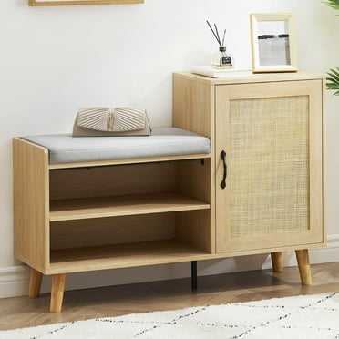 2024 New 2-in-1 Shoe Storage Bench, Natural Rattan Shoe Cabinet with 3 Adjustable Shelves and Removable Seat Cushion, Modern Entryway Bench, Shoe Storage Organizer, Shoe Rack for Hallway, Bedroom