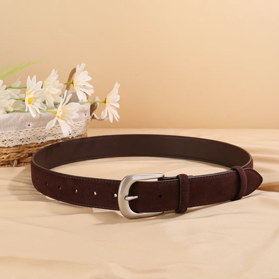 2024 New 3.3cm Wide Suede Cowhide Belt for Women, Vintage Style with Gold/Sliver Buckle, Skinny Waistband for Dresses & Jeans (coffee K,100cm)
