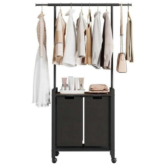 2024 New 3 Bags Laundry Sorter Cart with Wooden Shelf Laundry Hamper Rolling Laundry Basket with Garment Rack Hanging Rod,Black and Brown