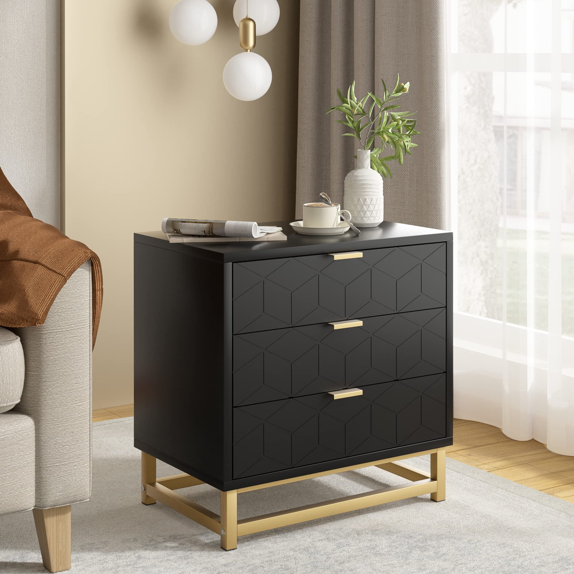 Black Honeycomb Pattern 3-Drawer Dresser with Gold Legs