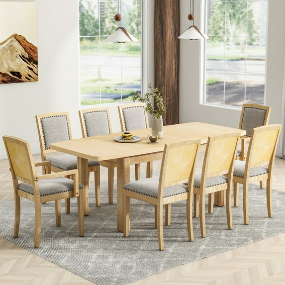 2024 New 9-Piece Dining Set with 6 Armless Chairs, 2 Arm Chairs, Wooden Table Diamond Pattern Backrest and Rivets Rustic Chairs Set for Dining Room, Kitchen