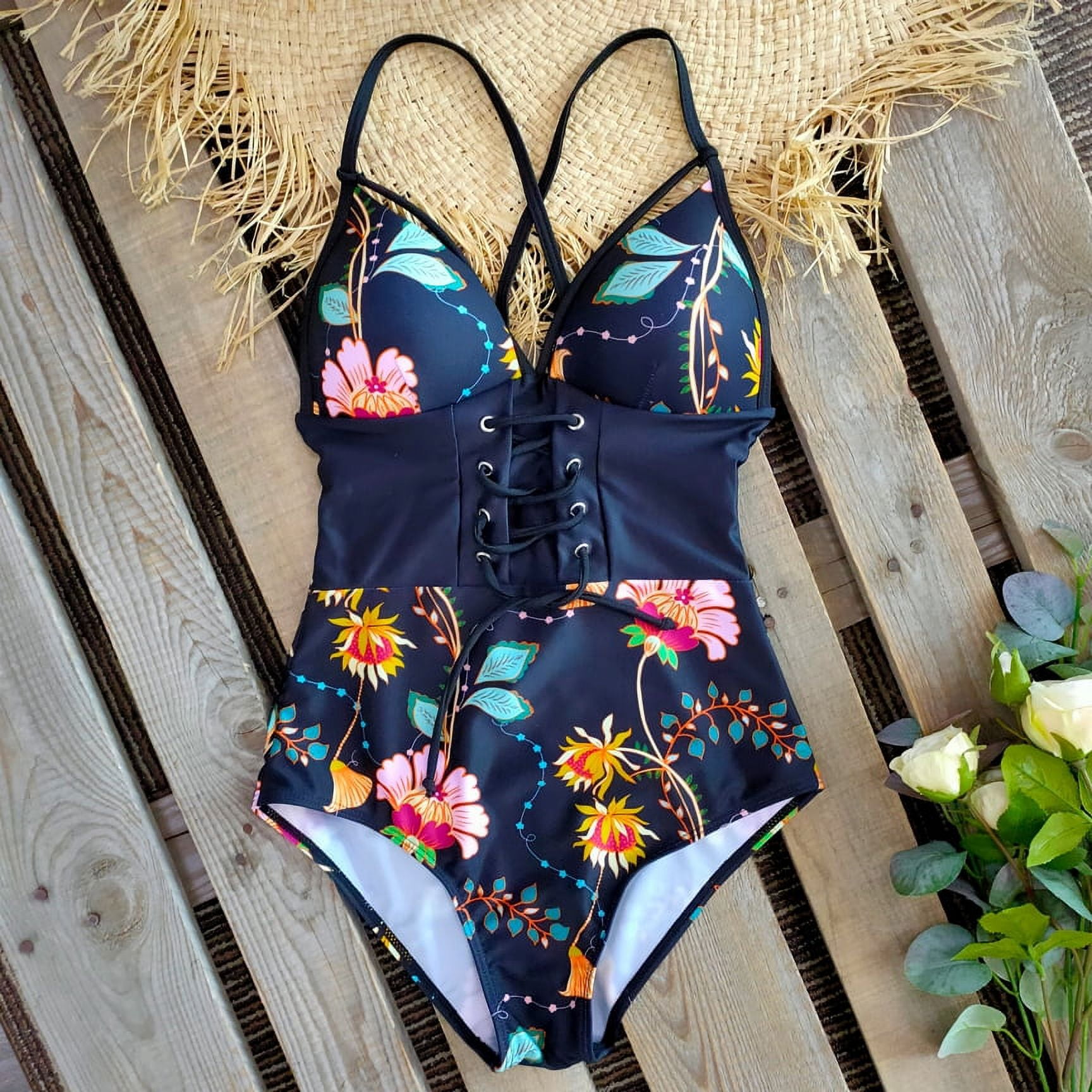 2024 New Abdomen Control Wasit Push Up Swimsuit Print Swimwear Vintage
