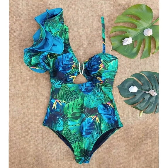 2024 New Arrival Ruffle Swimwear Single Shoulder One Piece Swimsuit Women Floral Printed Tropical Summer Beach Bathing Suit