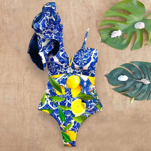 2024 New Arrival Ruffle Swimwear Single Shoulder One Piece Swimsuit Women Floral Printed Tropical Summer Beach Bathing Suit