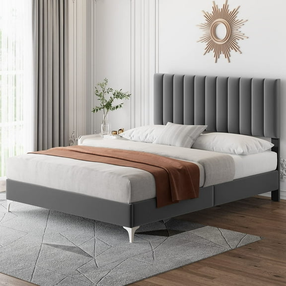 2024 New Bed Frame with Headboard, Velvet Upholstered Platform Bed Frame with Adjustable Headboard and Wooden Slats Support, No Box Spring Needed, Easy Assembly