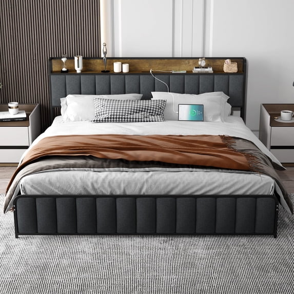 2024 New Bed Frame with Storage Headboard & Footboard Upholstered Platform Bed with USB Ports & Outlets Metal Frame Noise Free No Box Spring Needed Easy Assembly
