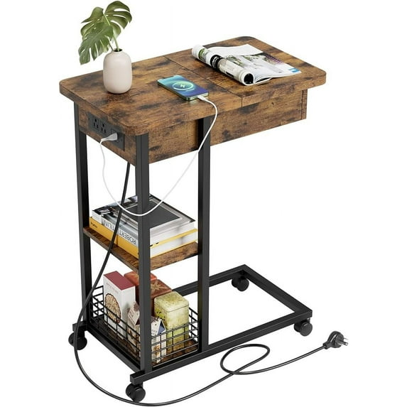 2024 New C Shaped End Table for Couch, Flip Top Side Table With Charging Station, Sofa End Table With Usb Ports and Outlets for Living Room , Narrow Side Table With 3 Tier Storage Shelf for Small Spac