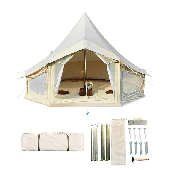 2024 New Canvas Bell Tent, 4 Seasons Yurt Tent with 2 Stove Jack, 4 Mesh Zippers Windows, Breathable Waterproof Tent Suitable for 4-12 People, Family Camping Outdoor Party