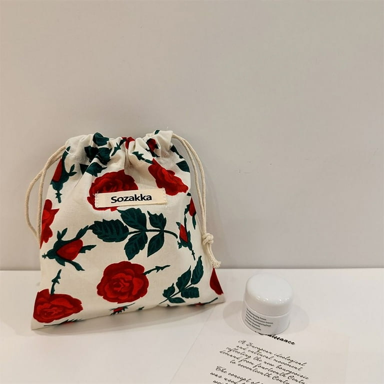 2024 New Canvas Japanese Style Women Girls Ladies Flower Printing Drawstring Bag Jewelry Storage Bag Pull Rope Pouch Vintage Drawstring Pocket A
