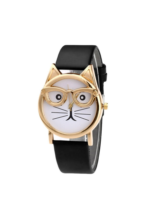 2024 New Cat Dial Gift Fashion Womens Leather Watch With Glasses Watch Strap Womens Watch with Stretch Band Quartz Women's Watch plus Size Watches for Larger Wrists Women Stretch Band Watches for Wo