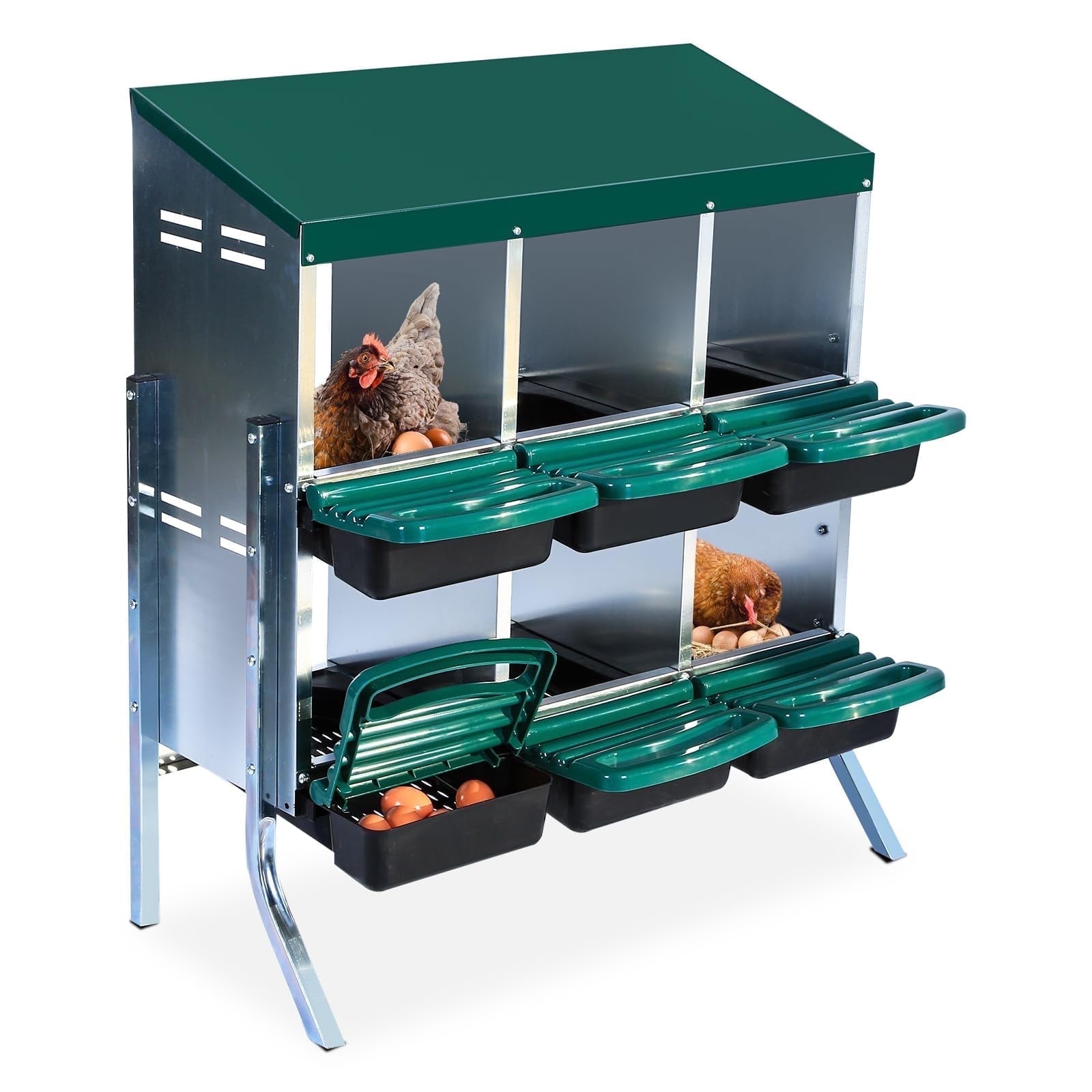 Green 6-Hole Metal Chicken Nesting Box with Rollout Egg Collection