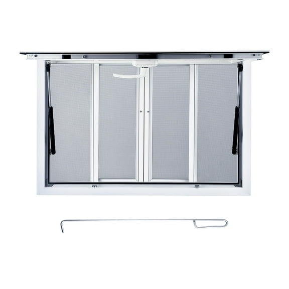 2024 New Concession Window, Aluminum Alloy Concession Serving Window with 4 Horizontal Sliding Screen Windows & Awning Door & Drag Hook, Stand Serving Window for Food Trucks Concession