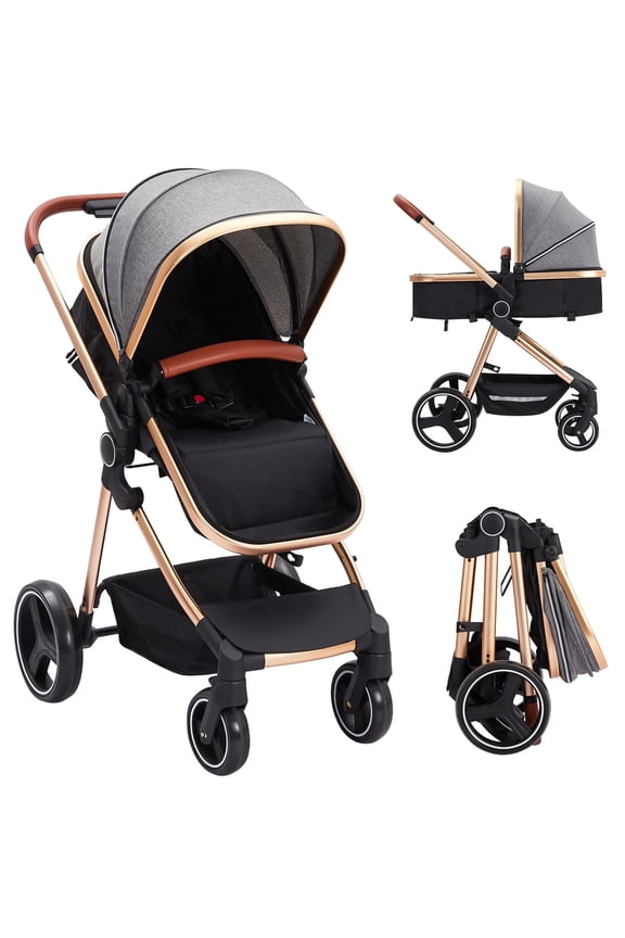 2024 New Convertible Baby Stroller, 3 in 1 Reversible Bassinet Stroller for Newborn, Toddler, High Landscape Foldable Pram with Adjustable Backrest and Canopy, Windproof Foot Cover, 5-Point Harness