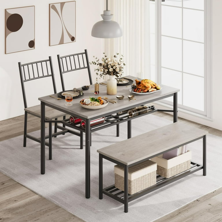 2024 New Dining Table Set for 4 Kitchen Table with Chairs and Bench 4 Person Dining Room Table Set with Wine Rack Rectangular Kitchen Table Set for